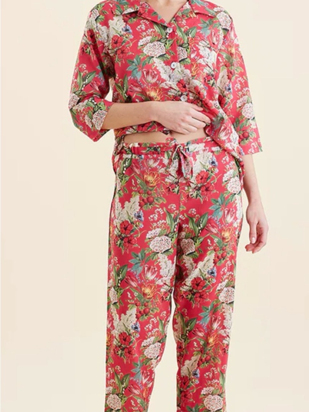 Floral Button-Front Women's Pajama Set in Coral Pink
